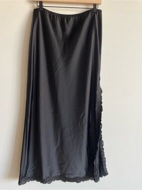 Black long satin slip skirt lace trim side slit whimsigoth M